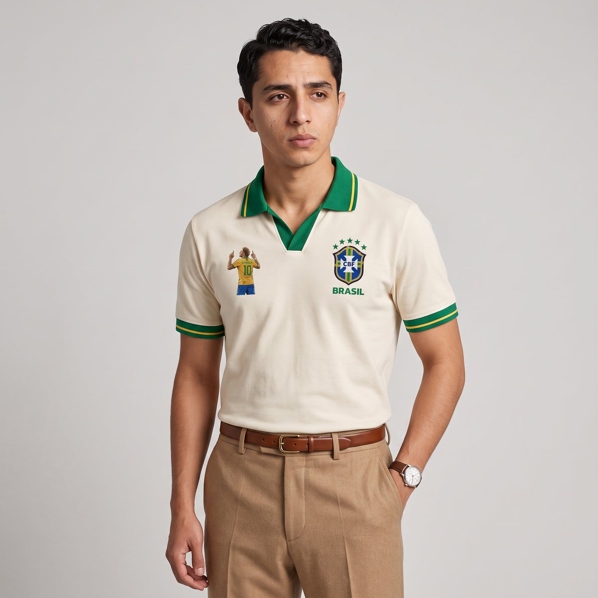 Retro Brazil Cream Football Polo — Vintage Selecao Edition